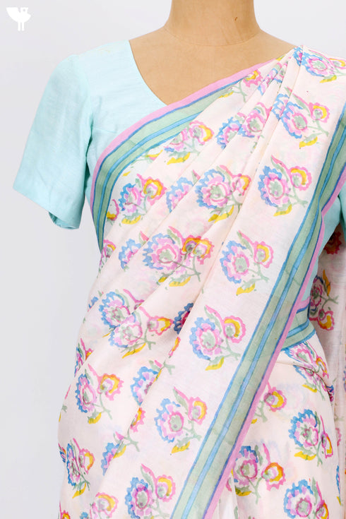 Chanderi Silk Saree In Floral Block Print.